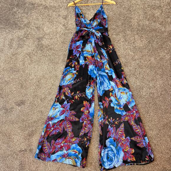 Free People Women's Size 4 Satiny Wide Leg Jumpsuit All Over Rose Print Boho - Picture 3 of 12